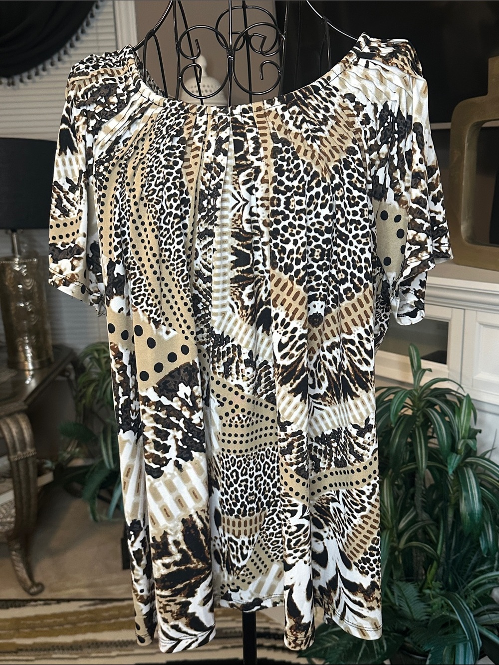 Animal Print Off-Shoulder Top in Beige and Black